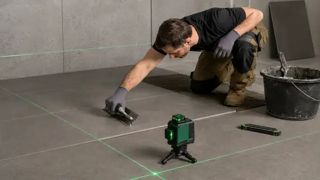 Mätverktyg och laser för noggrann montering av kakel och klinker